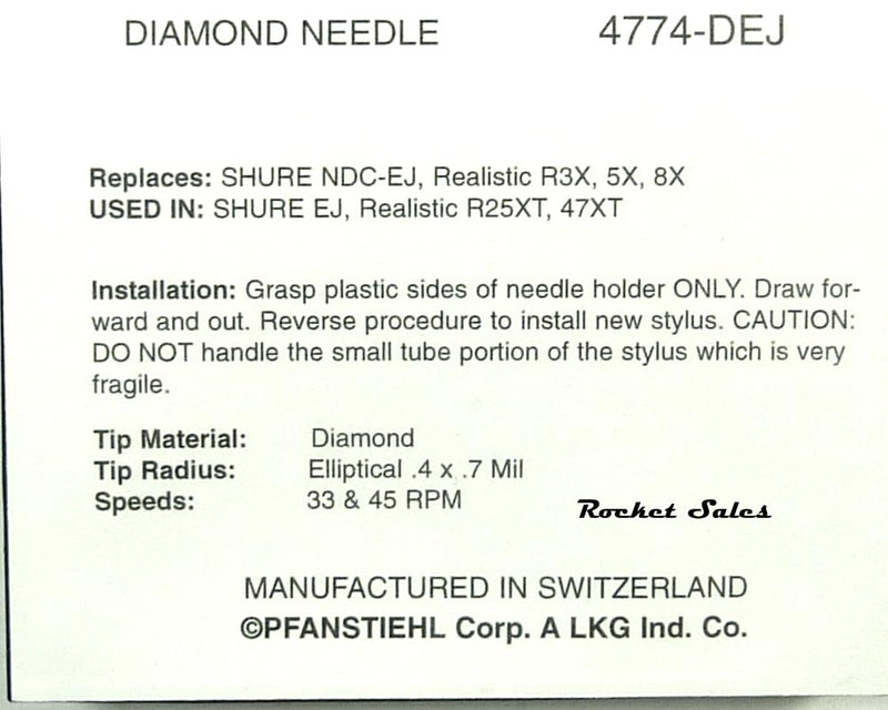 Pfanstiehl Replacement Elliptical Phonograph Needle Compatible With Shre NDC-EJ 3X 5X 8X R25XT R47XT R47ED RS3T RS3X RS5T