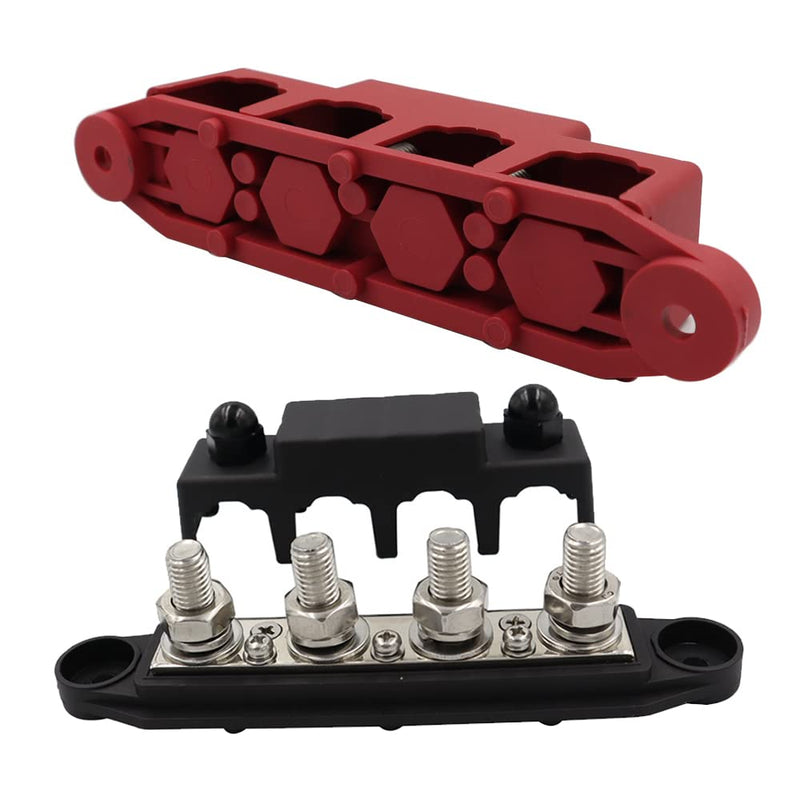 Heart Horse Power Distribution Block Bus Bar 3/8'' Terminal Stud 4 Post with Cover 250 Amp Rating for Marine Automotive and Solar Wiring RV Boat (250A, 3/8'', Red+Black) 3/8''