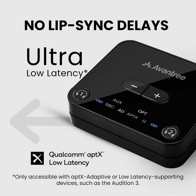 Avantree Audikast 3 [2025 Version] - Bluetooth 5.3 Transmitter for TV with Optical or AUX Audio Output Port, aptX-Adaptive & Low Latency, Dual Link for 2 Headphones, and 100ft Long Range
