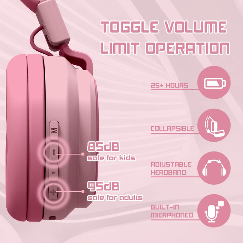Headphones Kids Bluetooth Wireless Volume Limited 85/110dB Over On Ear Foldable Noise Protection Headset with Cable AUX 3.5mm Mic for Child Boy Girl Travel School Pad Tablet Pink