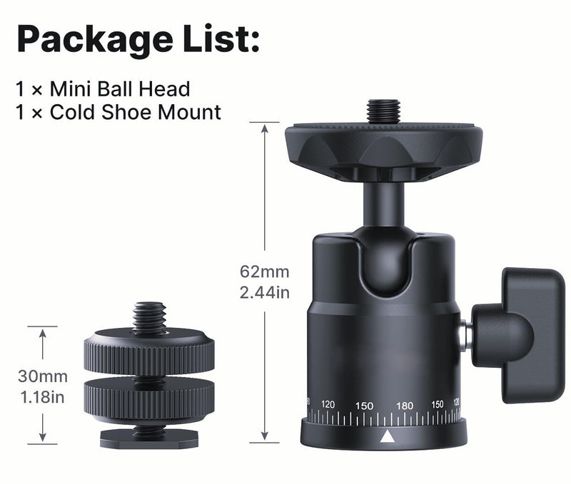 [AUSTRALIA] - XIAOTJ Mini Ball Head with Hot Shoe Mount Adapter, Metal 360° Rotating Panoramic Tripod Head with 1/4" Screw, for Monitor/LED Light/Action Cameras/Phone Holder Attach DSLR Camera Cage Cold Shoe Mount 