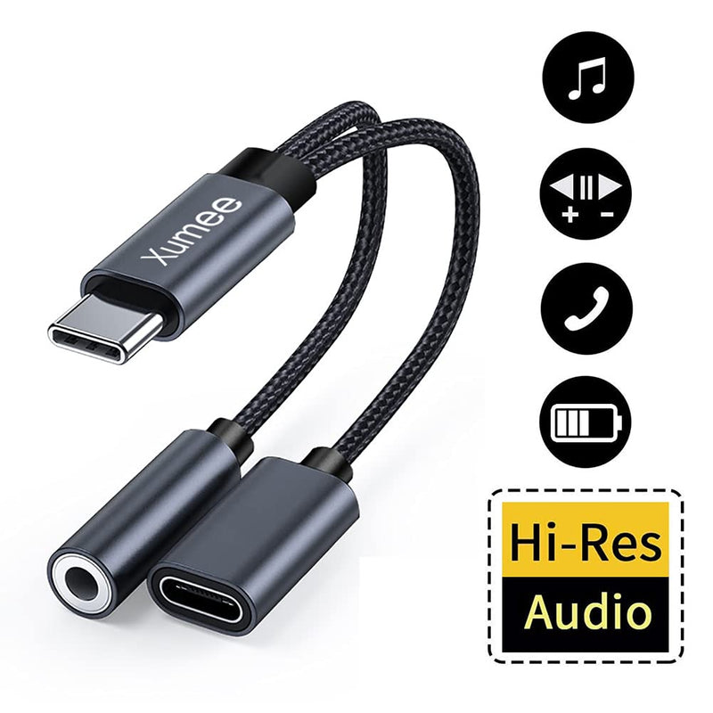 Xumee USB Type C to 3.5mm Headphone and Charger Adapter, 2-in-1 USB C to Aux Audio Jack Hi-Res DAC and Fast Charging Dongle Cable Compatible with iPhone 15 Pro Max,Galaxy S24 S23 Ultra S22 S21 (Grey) Grey