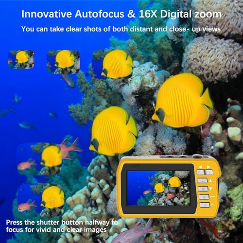 4K Underwater Camera, Full HD 4K&48MP Compact, 10FT Waterproof Camera for Snorkeling, Surfing, Rafting, Dual-Screen for Selfie/16X Digital Zoom/Fill Light/Support 128GB （Yellow） Yellow