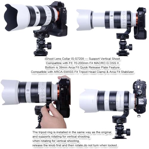 iShoot Tripod Mount Ring Lens Collar Compatible with Sony FE 70-200mm F/4 Macro G OSS II, Lens Support Holder Bracket Bottom Arca-Swiss Fit Quick Release Plate for Arca Clamp Head & Stabilizer