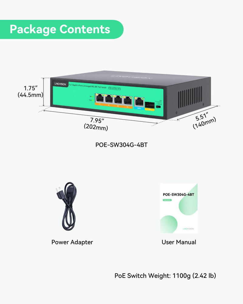 LINOVISION 4 Port Full Gigabit PoE++ Switch, 802.3bt 90W, Total 96W Power | 4 PoE++ Ports @ 90W Each, IEEE 802.3 af/at/bt | Unmanaged Plug-and-Play | for PTZ Camera, WiFi AP and PoE Light POE-SW304G-4BT