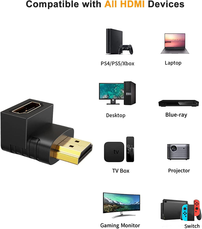 HDMI Adapter Male to Female, CableCreation 2 Pack 90 and 270 Degree Upward Angle Converter, HDMI L Shape Flat Extender for Wall TV, Roku, PS5, Fire Stick, Chromecast, Switch, Laptop,Xbox, PC Right Angle-2Pack