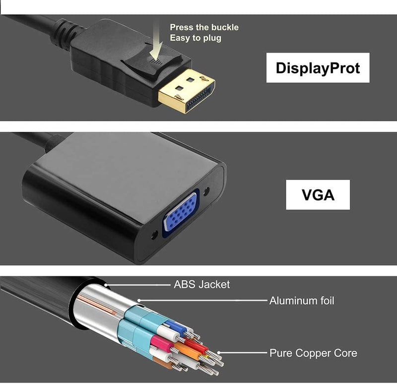 DP to VGA Adapter,Display Port to VGA Adapter Gold-Plated (Male to Female) Compatible with Computer Desktop Laptop PC Monitor Projector HDTV Black DP TO VGA