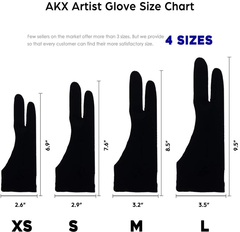 AKX Artist Glove Large - 2 Pack Palm Rejection Drawing Glove for Graphic Tablet, iPad - Smudge Guard, Reduce Friction, 2-Finger, Elastic Lycra, Good for Left and Right Hand, Black | AK-02 L 2 Finger, Black