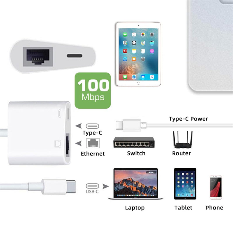 xiwai USB C Hub Type C to 100Mbps Networking RJ45 with PD Power Charge Adapter 2 in 1 USB Extender Compatible with Laptop Tablet Phone USB-C to RJ45 with PD Power