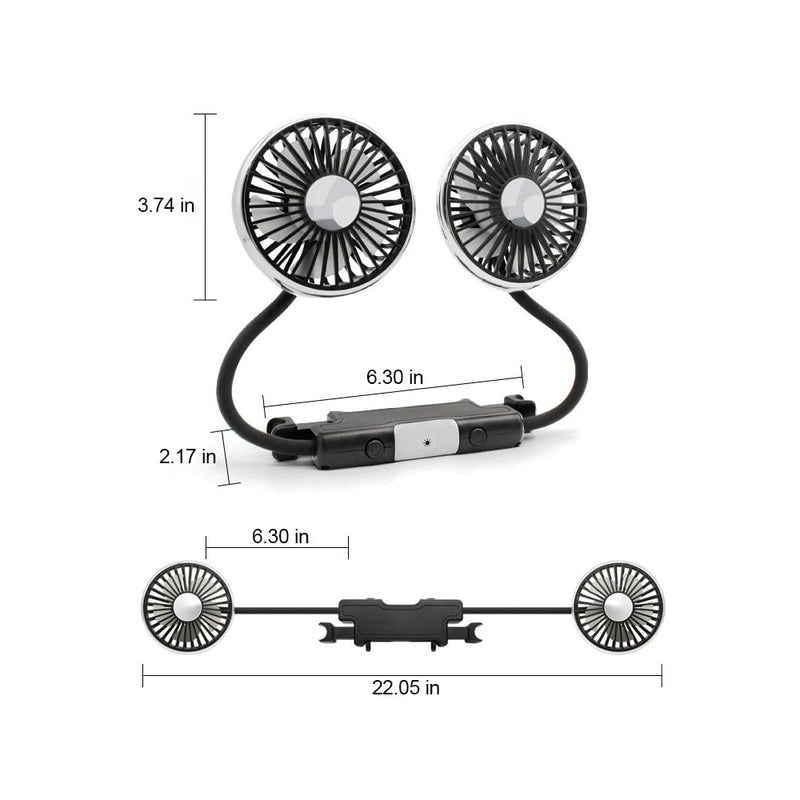 Double 360° Hose Fan for Car Back Seat, USB Headrest Fan with LED Light, Adjustable 3-Speed, Portable Cooling Fans for Vehicle SUV RV Truck Headrest