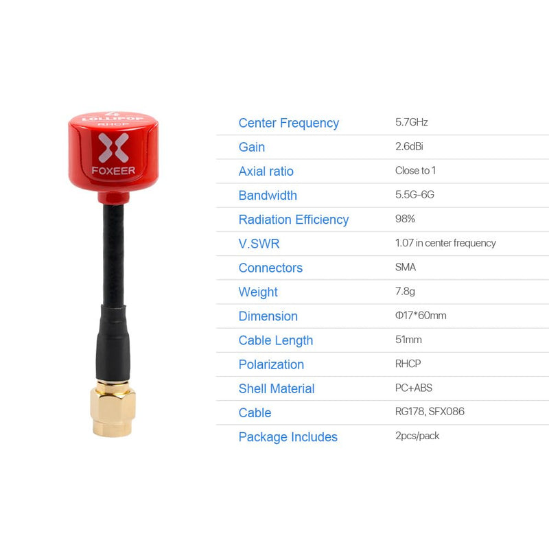 [AUSTRALIA] - 2pcs FOXEER FPV Antenna Lollipop 4 Updated Version 5.8GHz RHCP 2.5Dbi SMA for FPV Racing Drone Fatshark Goggles TX RX Lollipop 4 SMA Red 