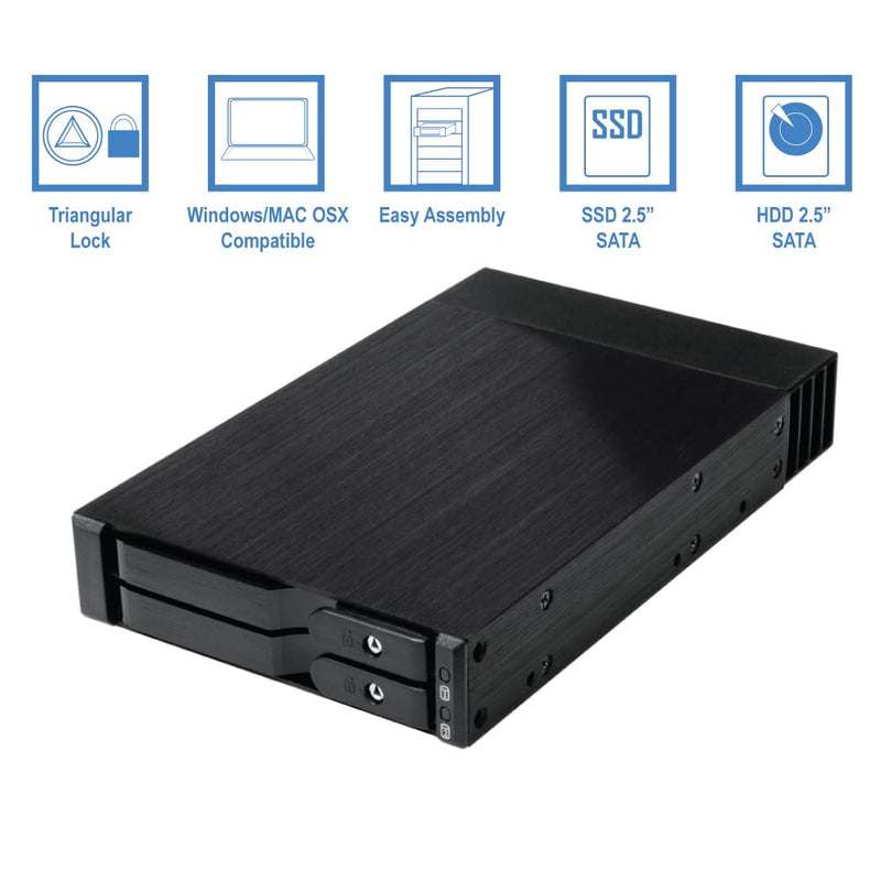 Kingwin Trayless Aluminum Mobile Rack with Keylock for 2 x 2.5 SATA/SAS HDD/SSD – 6Gbps/12Gbps Data Transfer, Tool-Free Installation, Secure Keylock Design SATA Dual Bay