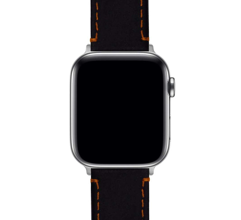 BARTON WATCH BANDS - Top Grain Leather Watch Bands Compatible with Apple Watch Models - 1, 2, 3, 4, 5, 6, 7, 8, 9, 10, SE, Ultra & Ultra 2 38 mm/40 mm/41 mm Black Leather / Orange Stitching