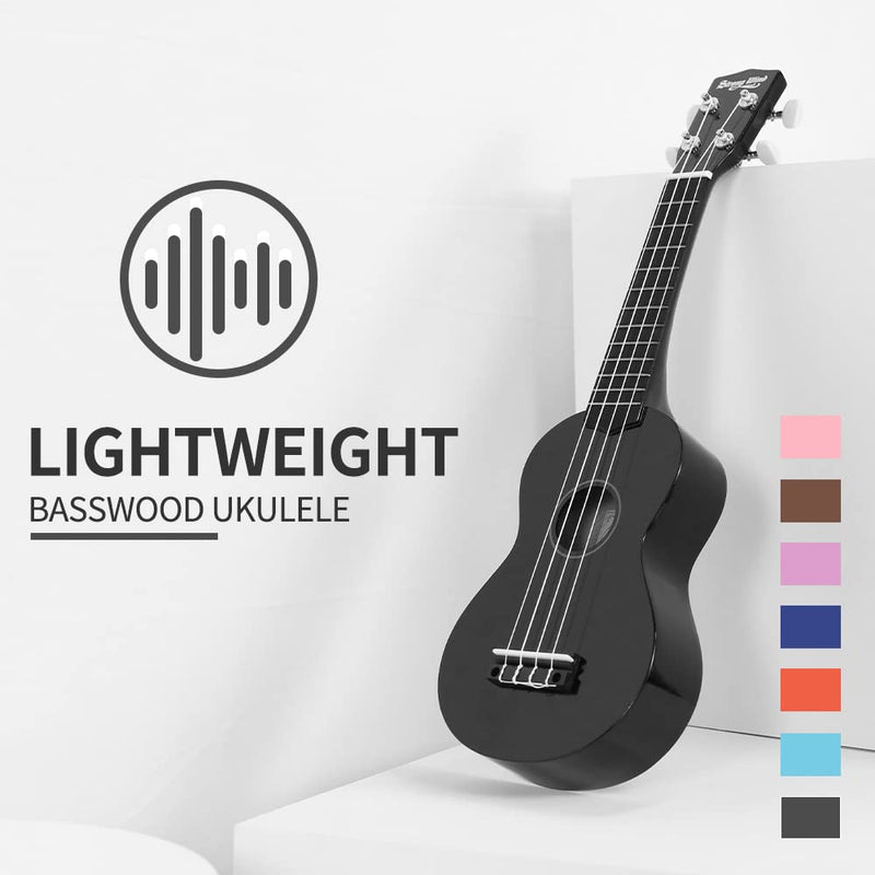 Strong Wind Soprano Ukulele - Stringed Musical Instrument Ukulele for Beginners Adults, 21 Inch Basswood Ukelele (Black) Black