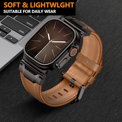 Leather Bands Compatible with Apple Watch Ultra 3/2/1 Band 49/46/45/44/42mm Men, Genuine Leather Metal Connector Strap for iWatch Ultra Series 11/10/9/8/SE, Dark Brown/Black+Light Brown/Black