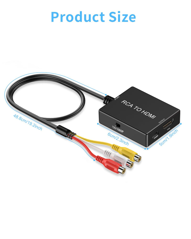 RCA to HDMI Adapter Converter, AV to HDMI Converter with HDMI Cable Supports PAL/NTSC for PS2/VHS/VCR/Blue-Ray DVD ect.