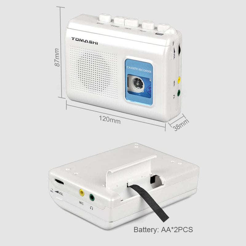 [AUSTRALIA] - TOMASHI Portable Cassette Player Tape Recorder with Built-in Speaker,Microphone,Headphone Jack-, 4.57 x 3.54 x 1.38inch white 