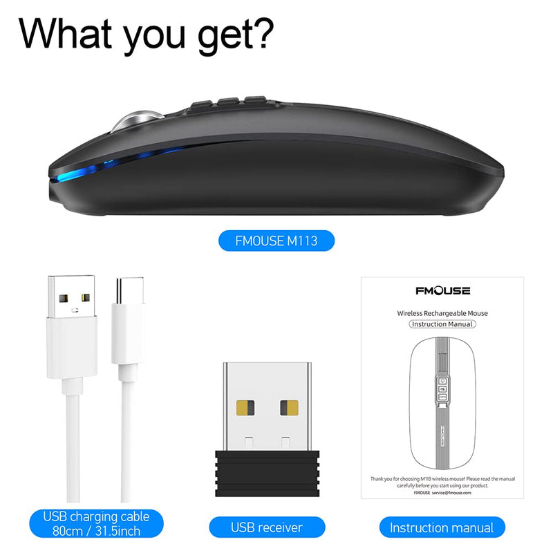 FMOUSE Silent Wireless Mouse, Slim Silent Mouse with USB Receiver, Wireless & Bluetooth 5.1 Dual Mode 2400 DPI, Quick Mute & Desktop Return Button, Rechargeable Mice for PC, Laptop, Desktop (Grey) Grey