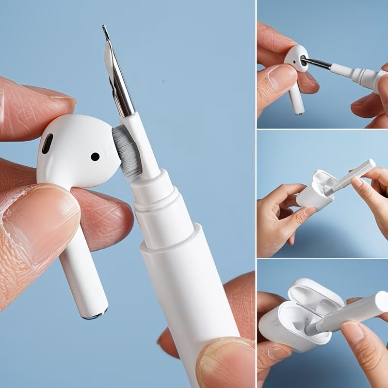 3-in-1 Earbuds Cleaning Pen with Soft Brush – Multifunctional Cleaner Kit for Wireless Earphones, Headphones Charging Box, Computer Keyboard, Phone Ports and Electronics(White) White
