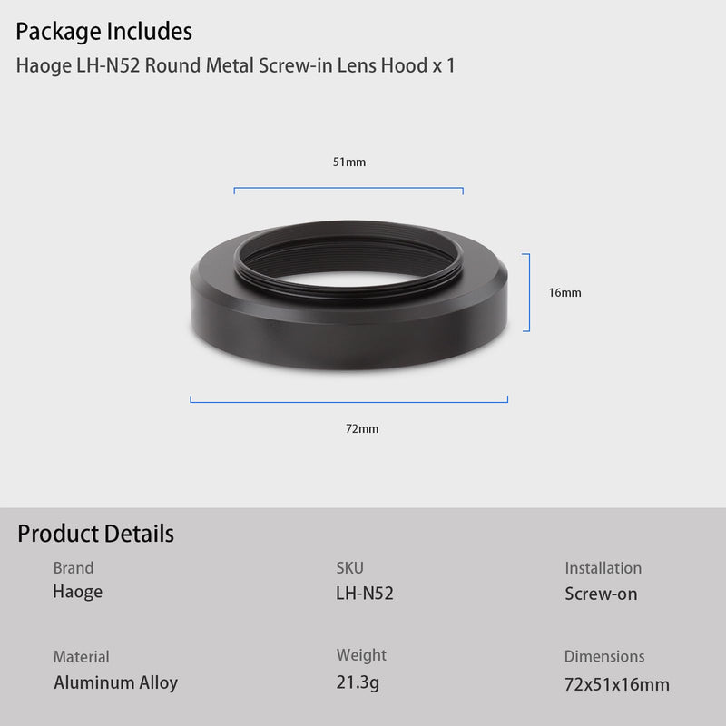 Haoge Metal Lens Hood for Nikon NIKKOR Z 40mm f/2, Z 28mm f/2.8, Z 28mm f/2.8 (SE) Lens,Screw Hood, Compatible with 52mm UV Filters and 52mm Lens Cap