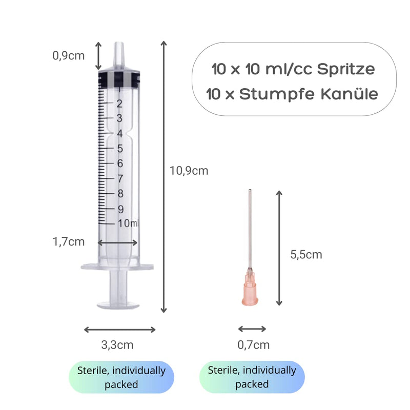 Pack of 10 x 10 ml syringe and 10 x cannula syringe set with blunt needles, various sizes: 1 ml, 3 ml, 5 ml, 10 ml, 20 ml, 30 ml, 60 ml, for hobby and DIY, individually sterile packed
