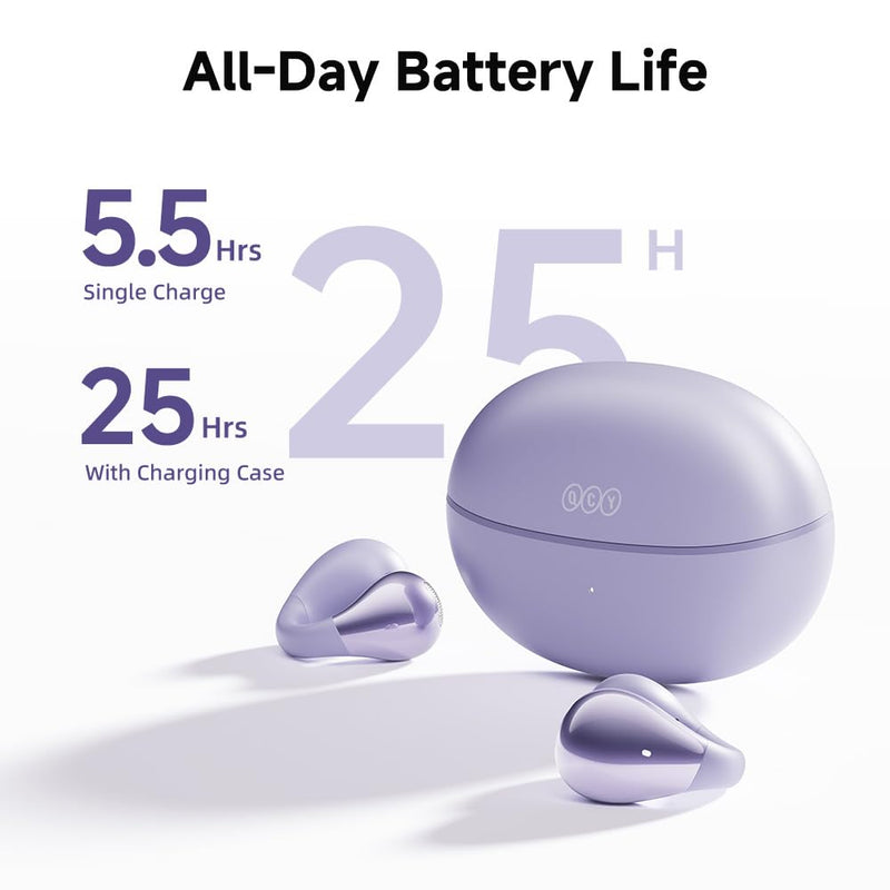 QCY Crossky C30 Open Ear Headphones Wireless Bluetooth, Clip-On Earbuds with 4 ENC Noise Cancelling Mic, Stable Fit, Dual Connection, EQ Customized, Sports Earphones for Workout/Running Purple