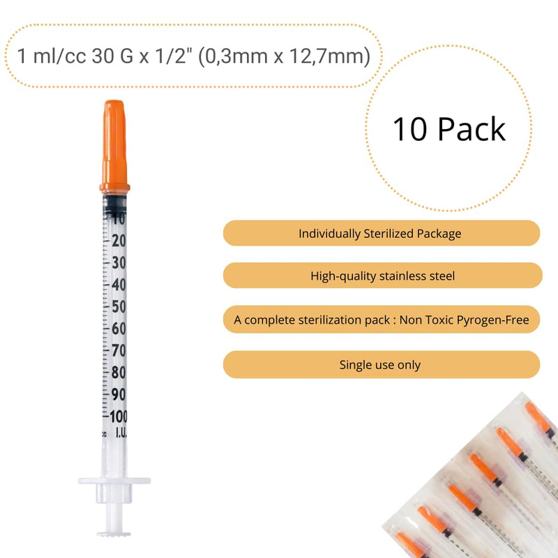 [AUSTRALIA] - Pack of 10 1 ml/cc Plastic Tube 30G (0.3 x 12.7 mm), Multi-Purpose Measuring Tools, Individually Packed (30G 1/2 Inch) 