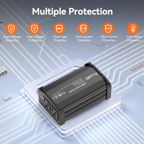 ALLWEI 300W Power Inverter DC 12V to 110V AC, Compact Car Plug Adapter Outlet with 27W PD USB-C &18W USB-A Fast Charging, Cigarette Lighter Adapter Car Charger for Phone - Red and Black
