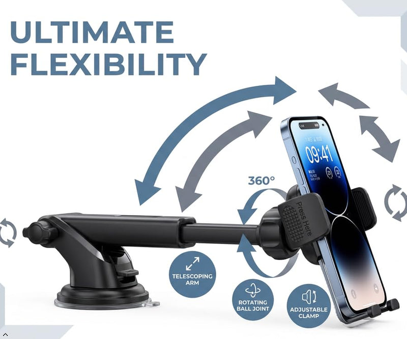 [2026 Upgraded Military-Grade Car Phone Holder Mount — Ultra-Stable Clamp Grip, 3-in-1 Dashboard/Windshield/Air Vent, One-Button Release — Heavy Duty Universal for iPhone & All Smartphones