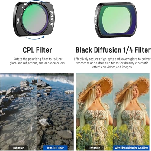 NEEWER Filter Set with 0.75x Wide Angle Lens 108° FOV, Variable ND 2-32 CPL 1/4 Black Diffusion Filter Compatible with DJI Osmo Pocket 3 / Pocket 4 / Xtra Muse Accessories, FL-B09 0.75X Wide Angle Lens&ND2-ND32