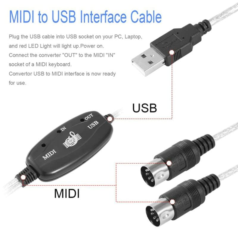 USB MIDI Cable Adapter, B60 Midi USB Cable Interface Converter 5-Pole in Out Midi to USB Adapter 2m
