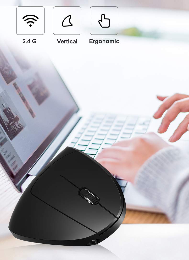 Vertical Mouse, Right Handed 2.4GHz Wireless Ergonomic Rechargeable Vertical Mouse with 4 Adjustable DPI 800/1200/1600/2400, 6 Buttons,Compatible with PC, Desktop,Mac (Black)… Black