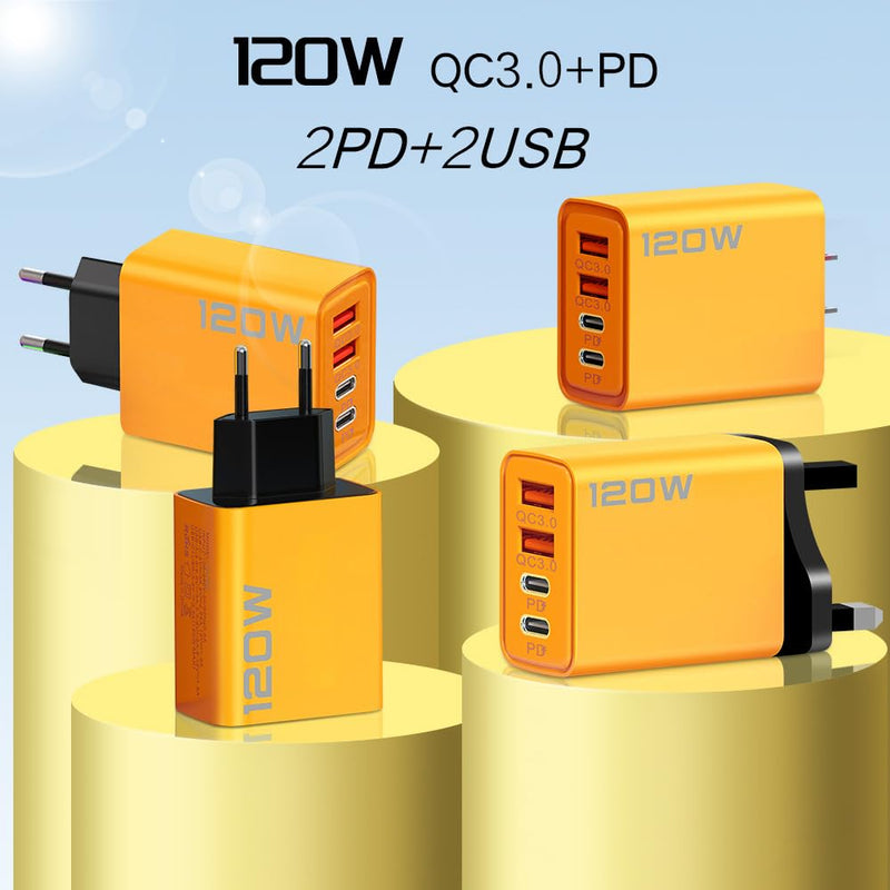 Mini 120W Charger with 4 Ports USB 3.0 Type C PD Fast Charging Power Adapter for iPhone Samsung,Non-Battery (US,3x4.3x8.8cm) US,3x4.3x8.8cm