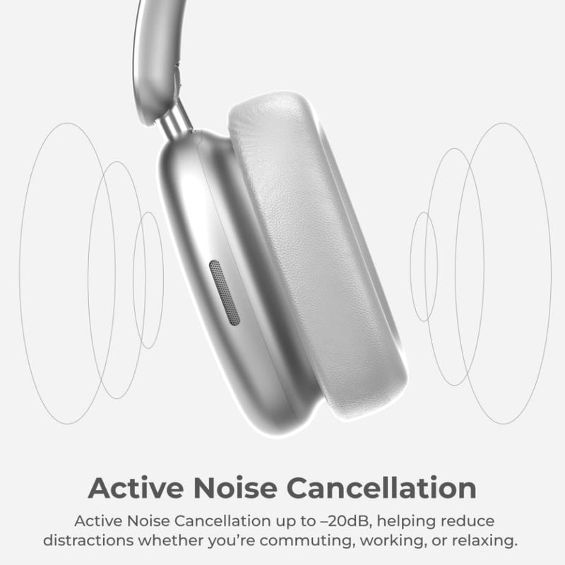 iTouch Pulse Vibe PRO Wireless Over-Ear Bluetooth Headphones with Active Noise Cancellation, 63H Playtime, 40mm Drivers, Dual Device Pairing, Foldable, USB-C Charging, AUX Wired Mode (Silver) Silver