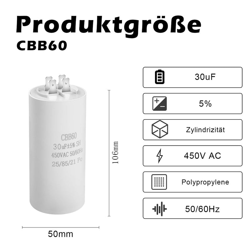 [AUSTRALIA] - CBB60 450V 30UF 50/60HZ Capacitor, Plug-In Capacitor, Starter Capacitor, Motor Capacitor, Suitable for Pumps, Lawnmowers and Other Electrical Devices (Four Connections) 
