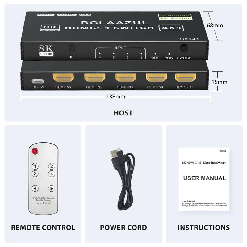 [AUSTRALIA] - BolAAzuL 8K HDMI 2.1 Switch 120Hz 4K 4 in 1 Out, 8K@60Hz HDMI 2.1 Splitter Switcher Selector Box 4-Port with Remote 4K 120Hz 2K 144Hz, HDMI 4x1 HDR, 48Gbps, CEC, Dolby Vision, for Xbox Series X PS5 