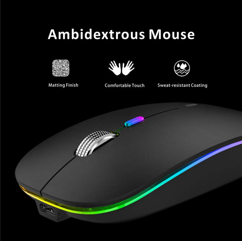 LED Wireless Mouse, Uiosmuph G12 Slim Rechargeable Wireless Silent Mouse, 2.4G Portable USB Optical Wireless Computer Mice with USB Receiver and Type C Adapter (Matte Black) Matte Black