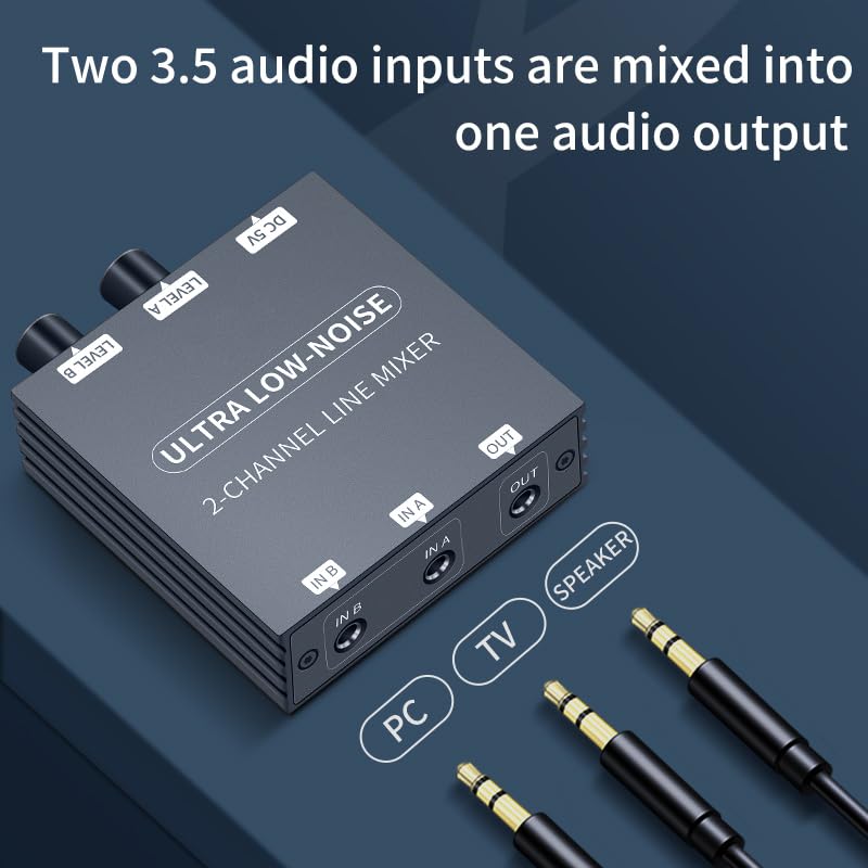 [AUSTRALIA] - Mini Audio Mixer Line Mixer, 2 Way Audio mixer 3.5mm mixer，DC 5V, Stereo Ultra, Low-Noise 2-Channel for Sub-Mixing, for music creation, live broadcast, As Guitars, Bass, Keyboards Mixer 