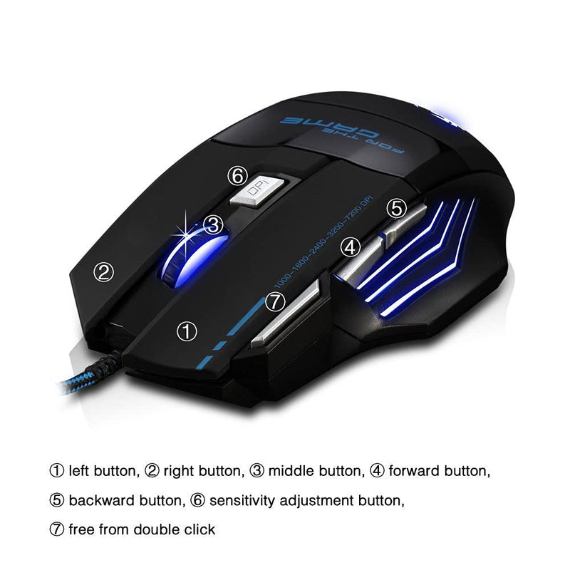 AFUNTA Zelotes Ergonomic 7200 DPI LED Optical Wired Gaming Mouse Mice 7 Buttons Compatible Mac Pro Gamer PC Laptop Desktop Notebook-Black Black(T80)