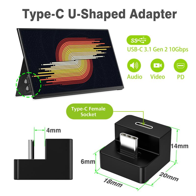 AGVEE 180 Degree Angled USB-C to USB-C Adapter and Short Side Inward U-Shaped Mini HDMI to HDMI Converter, HDMI 2.0 4k@60HZ, Coupler Extender Extension for Portable Display Monitor, Black