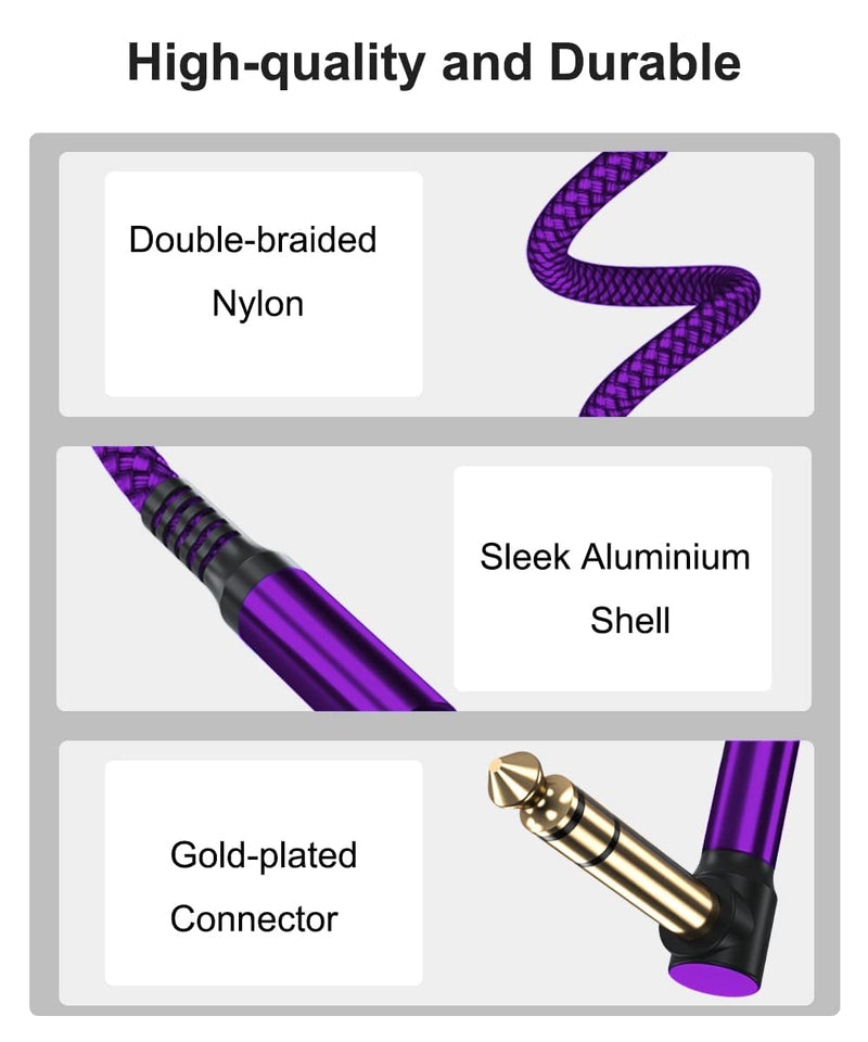 Elebase 1/4 Inch TRS Instrument Cable 10ft 2-Pack,Right-Angled to Straight 6.35mm Male Jack Stereo Audio Cord,6.35 Balanced Interconnect Line for Electric Guitar,Bass,Keyboard,Mixer,Amplifier,Speaker 10FT/3M Purple