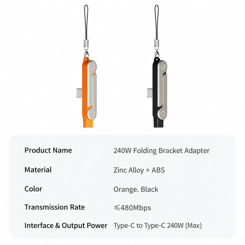 240W USB C to USB C Invisible Charging Cable with Foldable Stand | Detachable 2-in-1 Sideways Fast Type-C Charging and Data Cable with 360° Holder for Desk Gaming Office Car Travel Right Angle Orange&Blcak,2Pcs