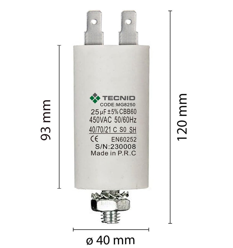 [AUSTRALIA] - TECNID Electric Motor Starting Capacitor 450V Capacity 25µF Round Aluminium Plastic Capacitor 