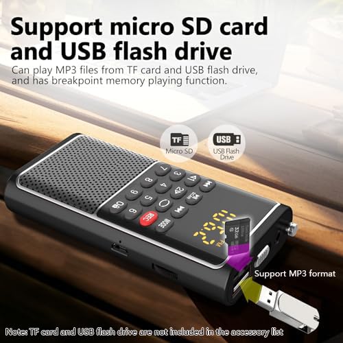 B01 Mini Portable FM Radio USB Player, TF/SD Card/USB Slot Support Mp3 Play Rec,Pocket Walkman Small Radio with Lock Key,Wristband,Rechargeable Battery Operated, Excellent Reception and Sound BLACK