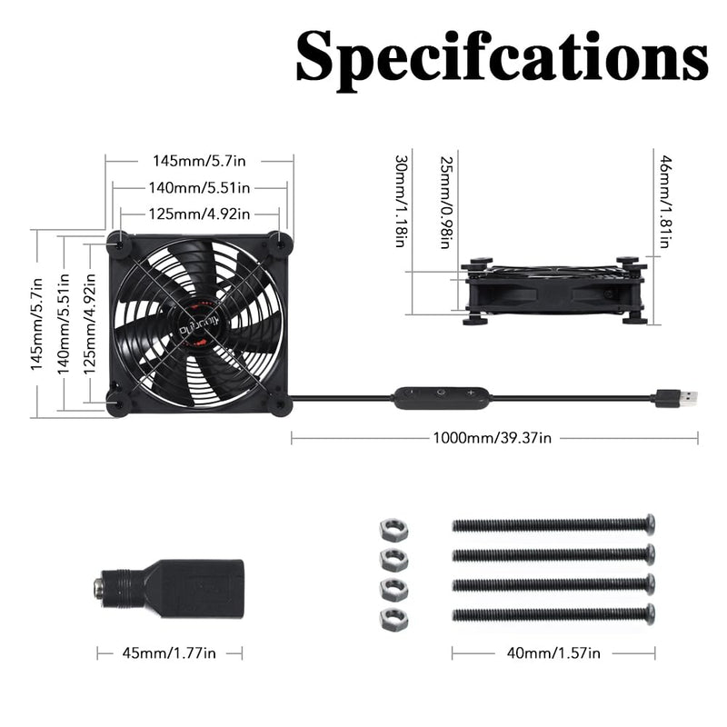 Quiet 140mm Cooling Fan - USB 5V/DC 12V Dual Voltage, 10 Speed Adjustable, IPX5 Waterproof | Portable for PC, DVR, Router, TV Receiver, Tablet, Computer Cabinet, Greenhouse, Kennel & Component Cooling