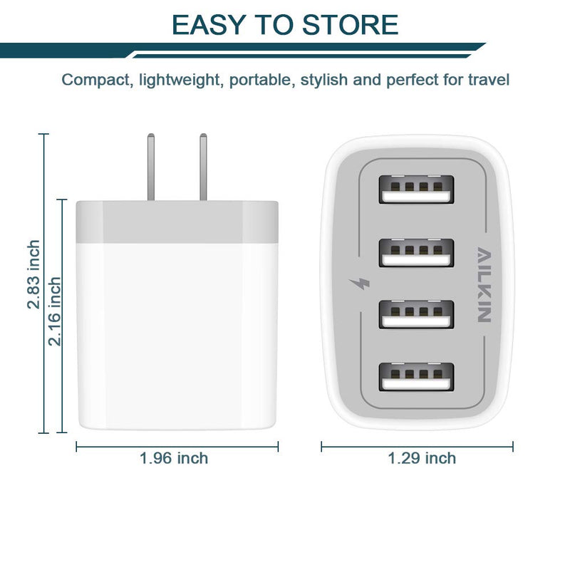 USB Charger Cube, Wall Charger Plug, AILKIN 4.8A 4-Muti Port USB Adapter Power Plug Charging Station Box Base Replacement for iPhone 15 14 13 12 11 Pro Max/X/8, iPad, Samsung Phones USB Charging Block White 1