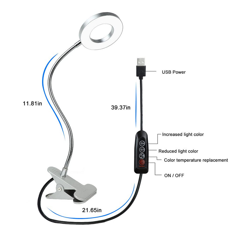 DLLT Dimmable Clip on Reading Light, 48 LED USB Bed Night Lights with 3 Colors, 15 Brightness Level Book Light Flexible Clamp for Makeup Mirror, Desk, Bedside, Headboard, Piano, Computer Light(Silver) Silver