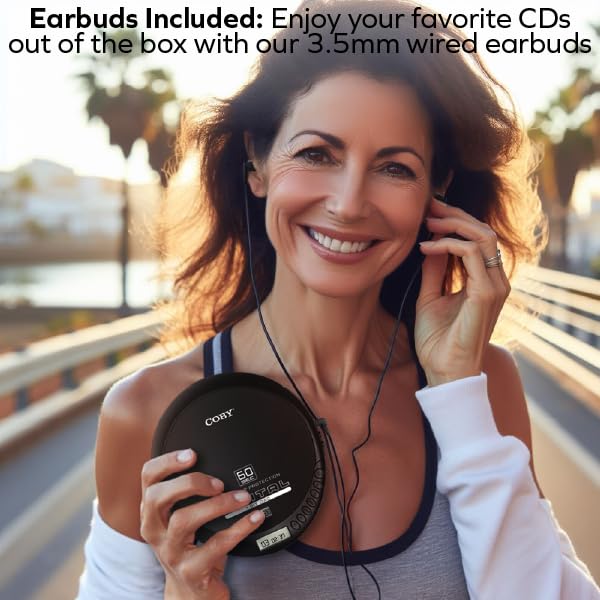 Coby CD Player Portable CD Player with Bluetooth, Earbuds, FM, AUX, MP3 Anti-Skip Compact Discman | Rechargeable, Lightweight CD Player for Car, Home
