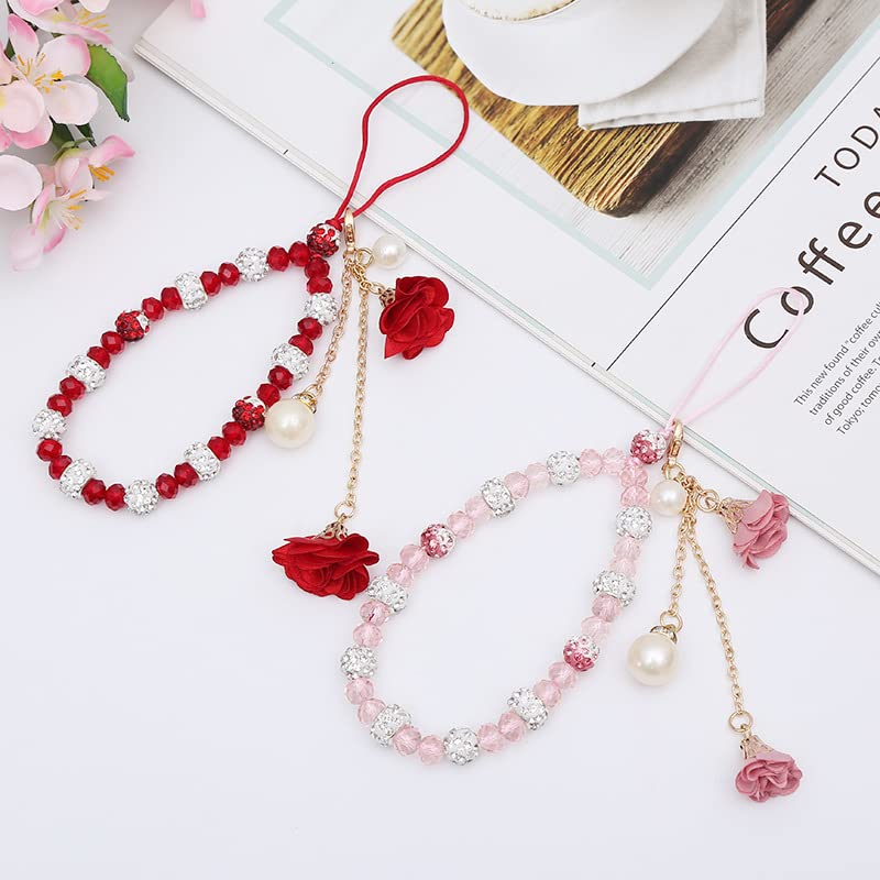 Fuqimanman2020 1-2 pieces of crystal flower mobile phone strap with female decorative pendant, cute car keychain red