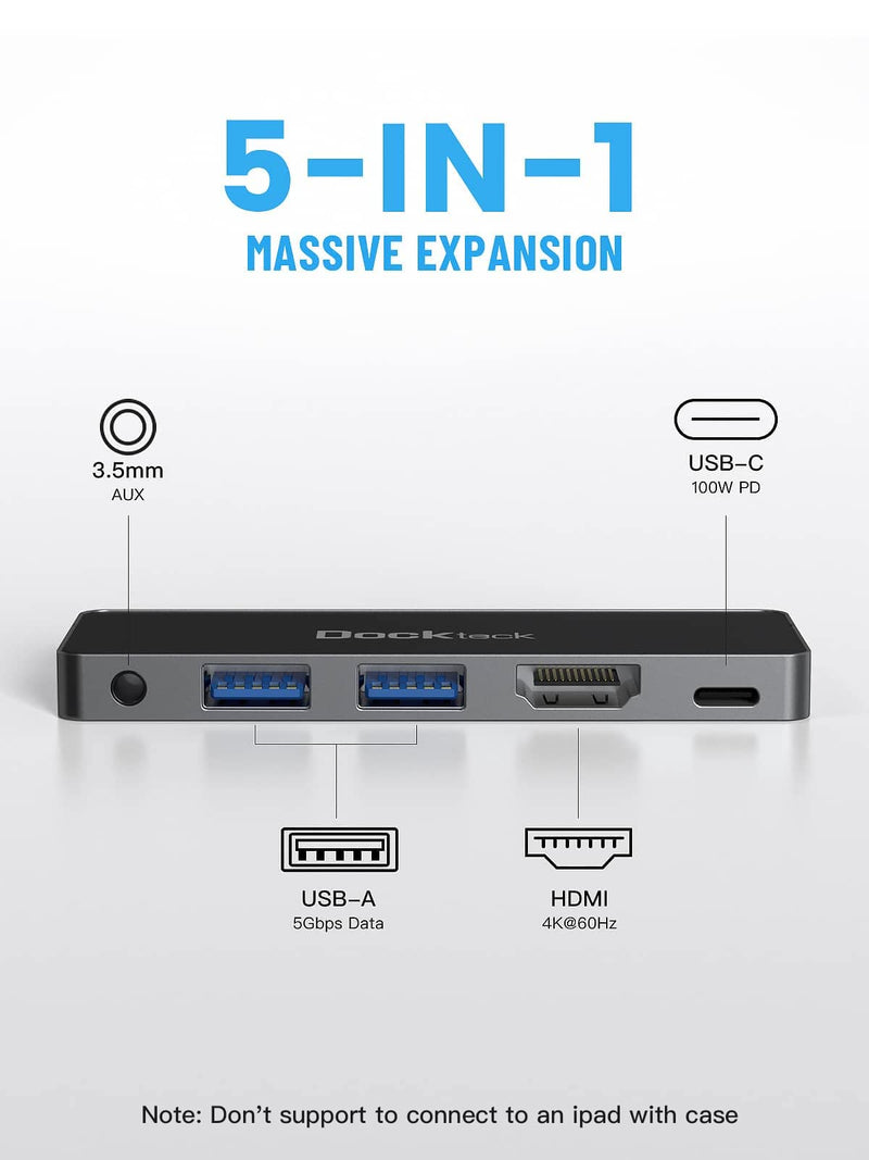 iPad USB C Hub Adapter, Dockteck 5 in 1 Dongle with 4K@60Hz HDMI, Type C to 3.5mm Audio Headphone Jack, 100W PD and 2 USB 3.0, for iPad Pro 2021 2020 M1/12.9/11, iPad Air 5/4, iPad Mini 6 Accessories